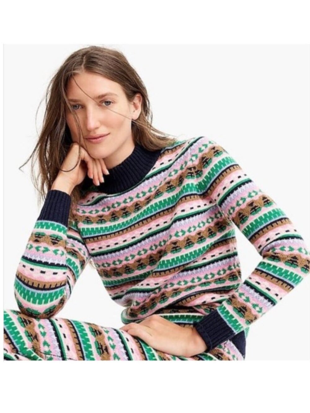 J.Crew Fair Isle Wool Turtleneck Sweater Navy Pink Green Brown Medium Preppy